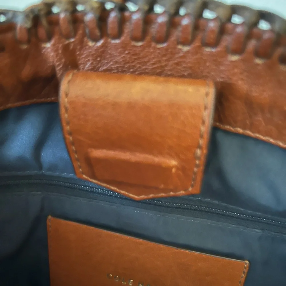 Cole Haan Brown Premium Leather Bucket Bag with Stitching Detail